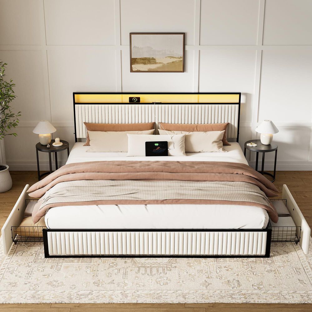 HOMLUX 2-Drawer King Storage Bed with LED Headboard and USB Ports in Beige, , large
