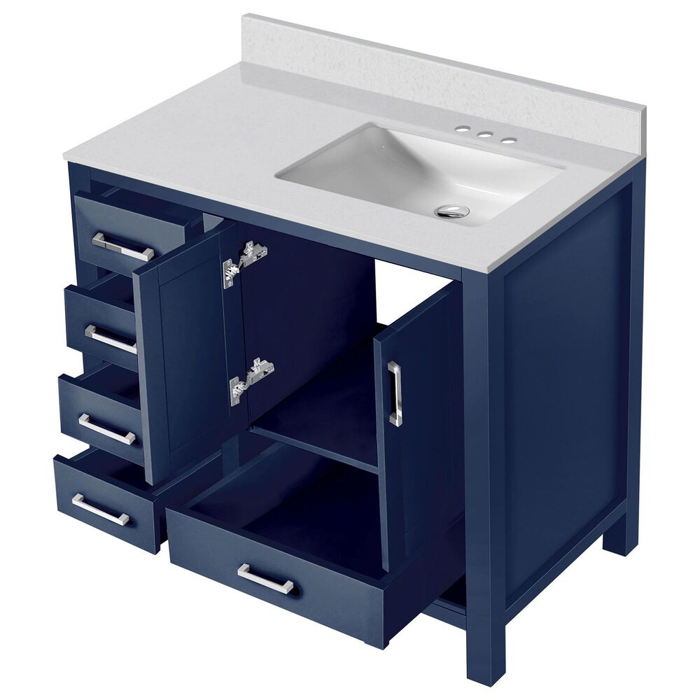 Lexora Home Jacques 36&quot; Right Offset Single Bathroom Vanity in Navy Blue with 2 cm White Cultured Marble Top and Rectangular Sink, , large