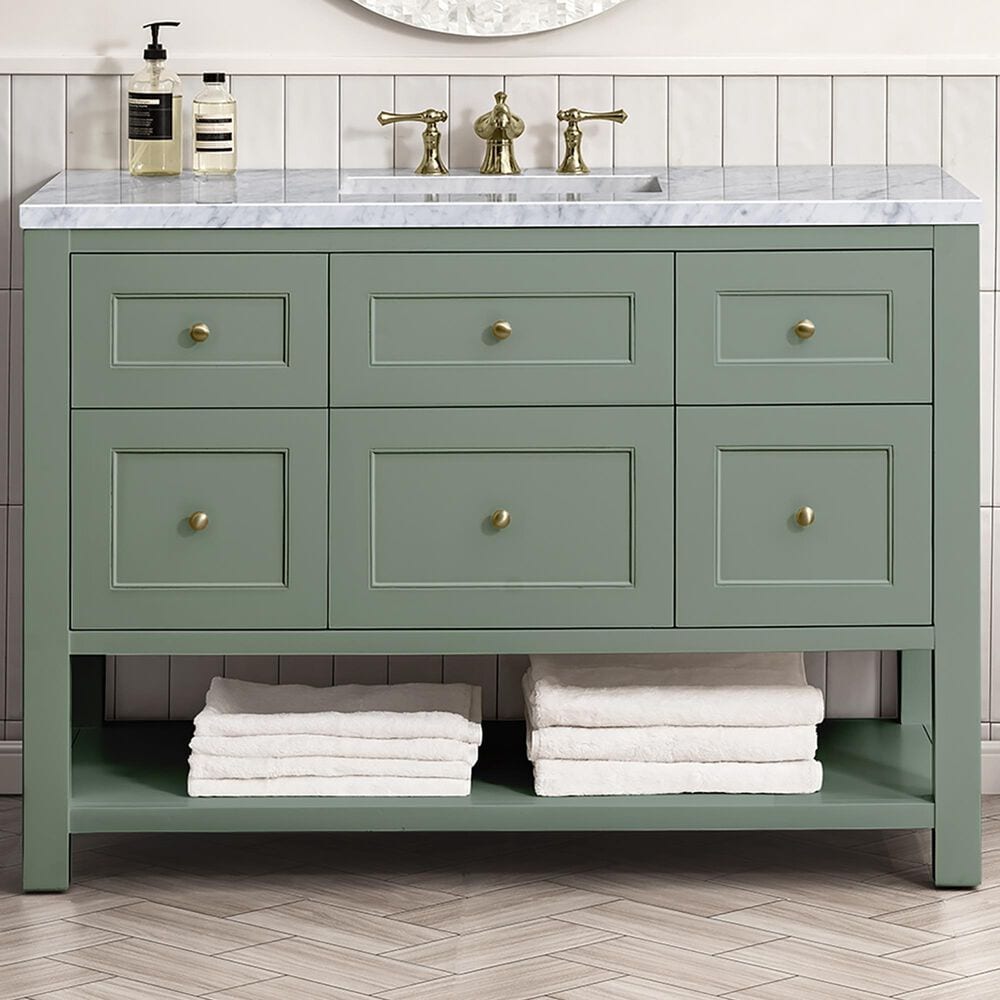 James Martin Vanities Breckenridge 48" Single Bathroom Vanity in Smokey Celadon with 3 cm Carrara White Marble Top and Rectangular Sink, , large