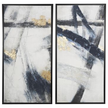 Maple and Jade 55" x 28" Abstract Wall Art in Light Gray, Black, Silver and White (Set of 2), , large