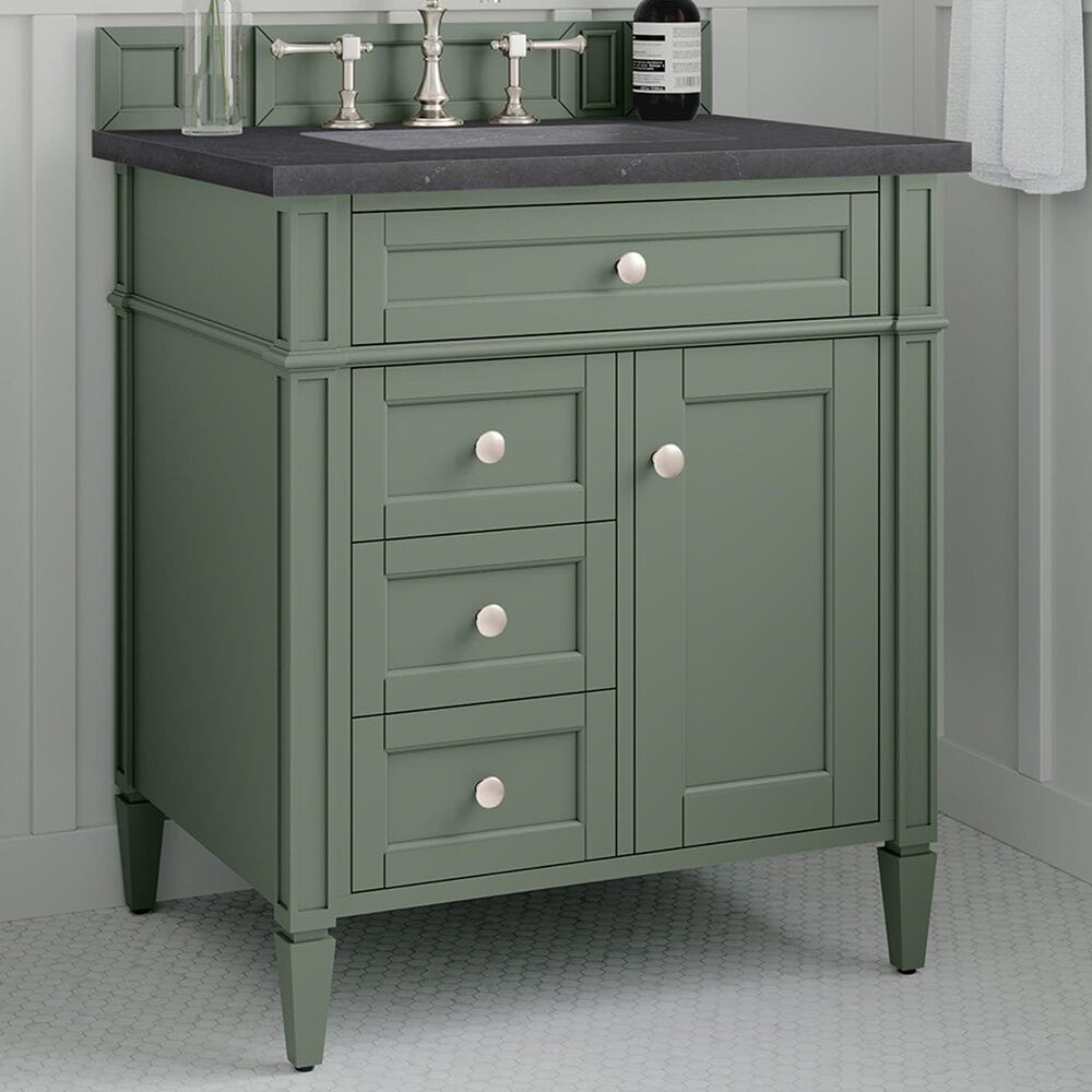 James Martin Vanities Brittany 30&quot; Single Bathroom Vanity in Smokey Celadon with 3 cm Charcoal Soapstone Quartz Top and Rectangular Sink, , large