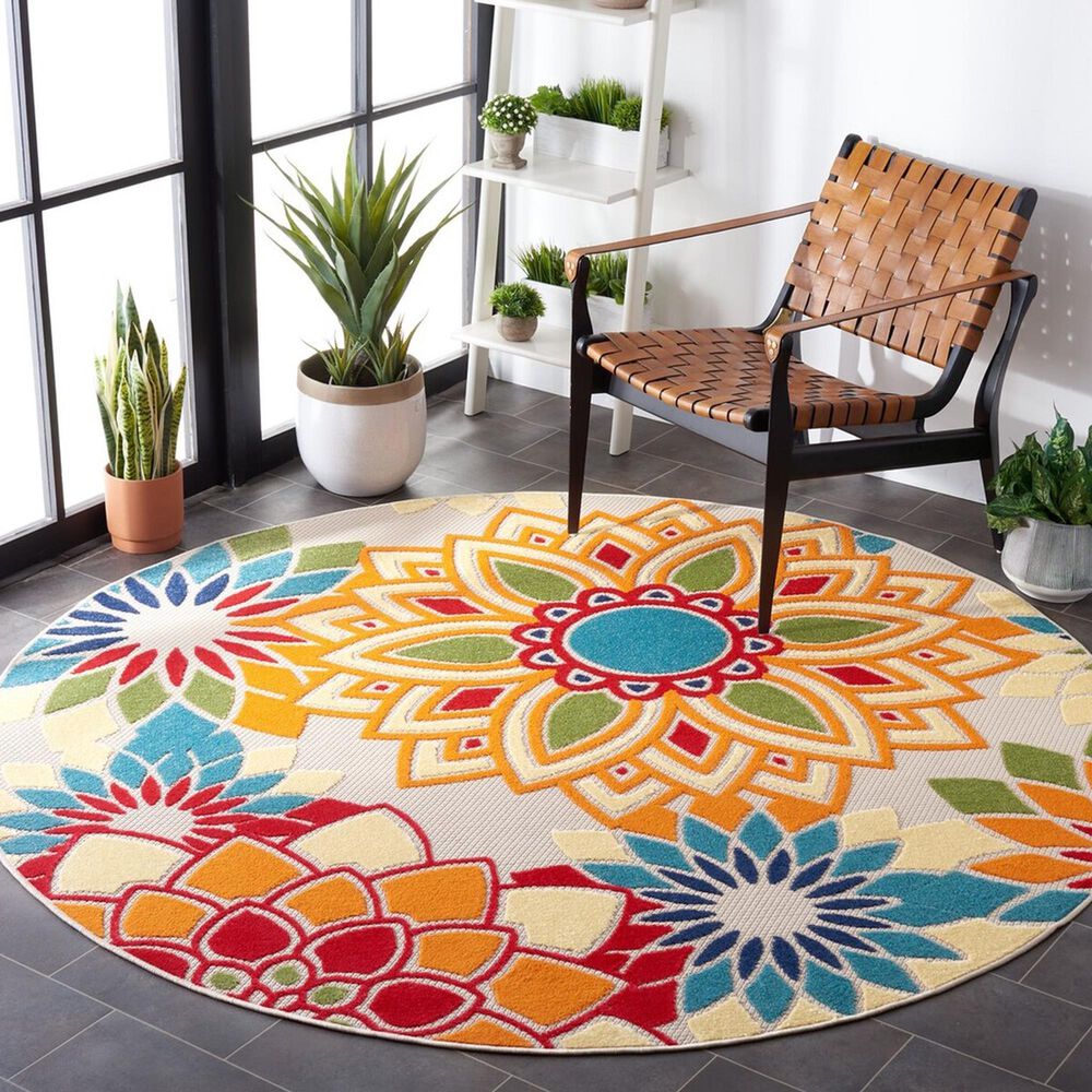 Safavieh Cabana CBN328A 5&#39;3&quot; Round Ivory and Orange Indoor/Outdoor Area Performance Rug, , large