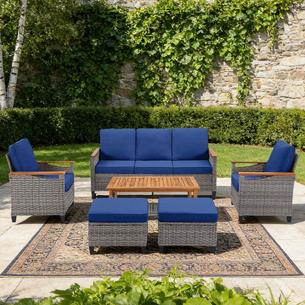 Sunwell Garden 6-Piece Patio Chat Set with Two Ottoman in Navy, , large