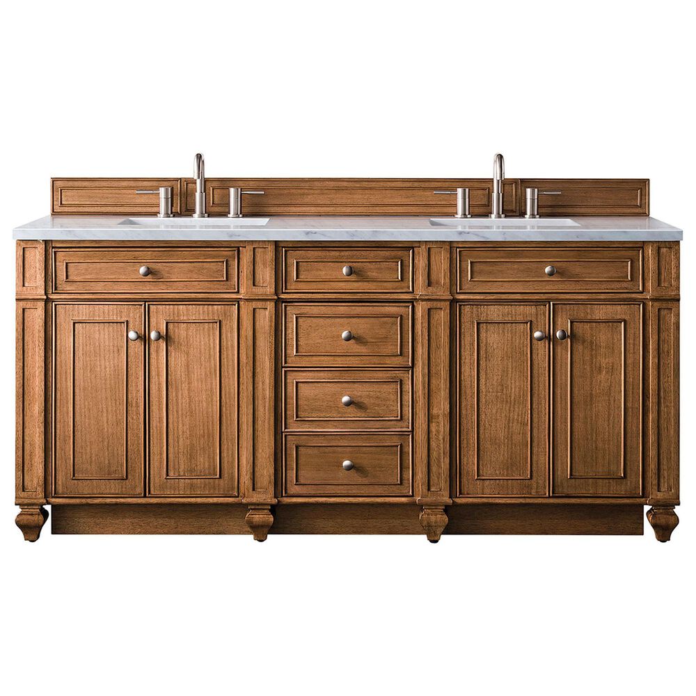 James Martin Vanities Bristol 72" Double Bathroom Vanity in Saddle Brown with 3 cm Eternal Jasmine Pearl Quartz Top and Rectangular Sinks, , large