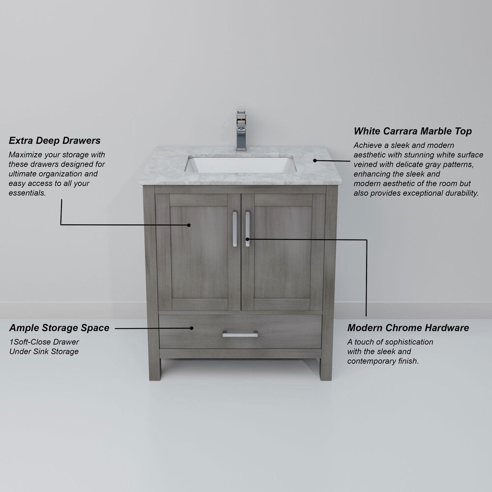 Lexora Home Jacques 30" Single Bathroom Vanity in Distressed Grey with 2 cm White Carrara Marble Top and Rectangular Sink, , large