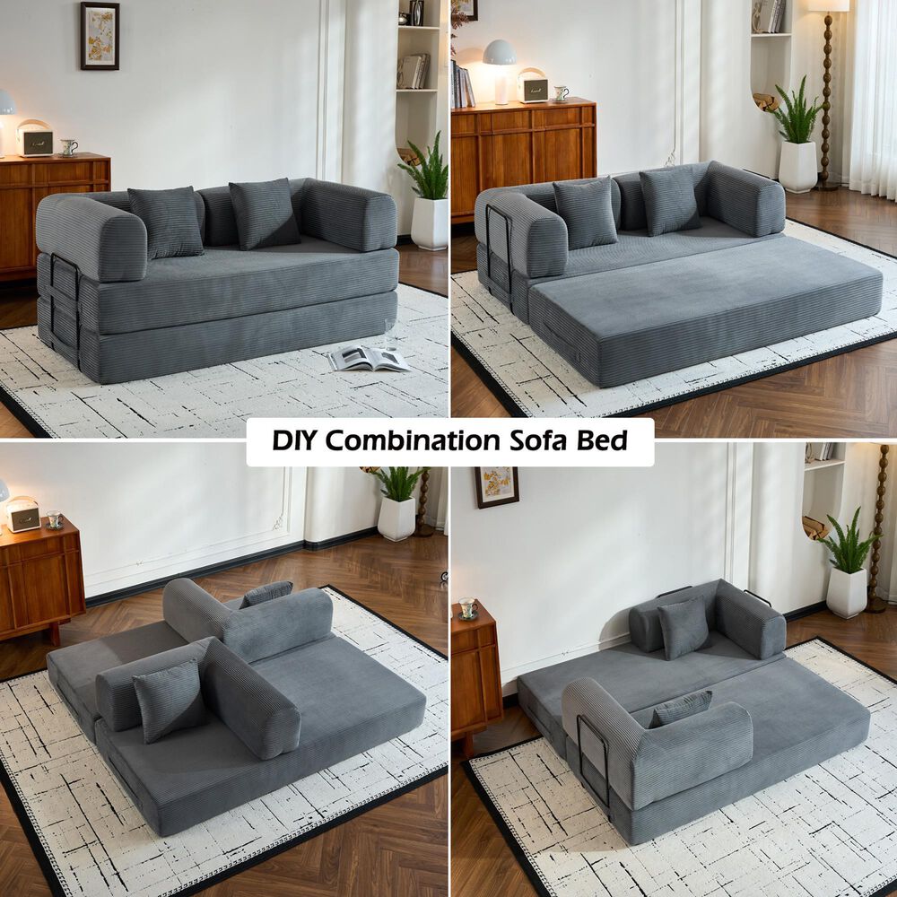 GigaCloud Corduroy Convertible Sleeper Sofa with Cylindrical Pillow in Gray, , large