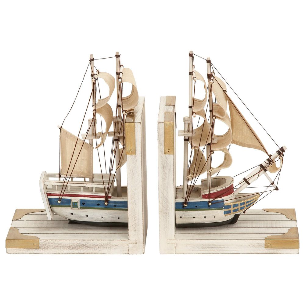 Maple and Jade Coastal Sail Boat Bookends in White Washed, Gold and Blue (Set of 2), , large