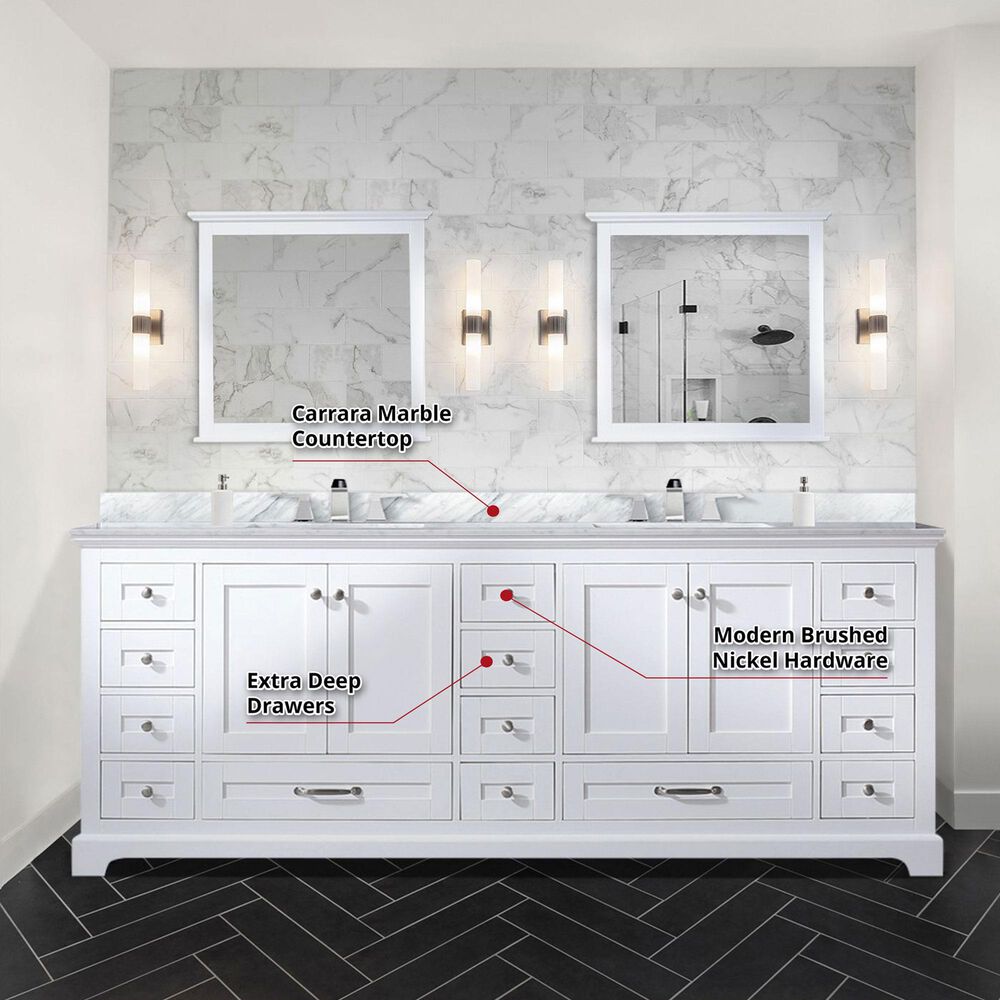 Lexora Home Dukes 84&quot; Double Bathroom Vanity in White with 2 cm White Carrara Marble Top and Rectangular Sinks, , large