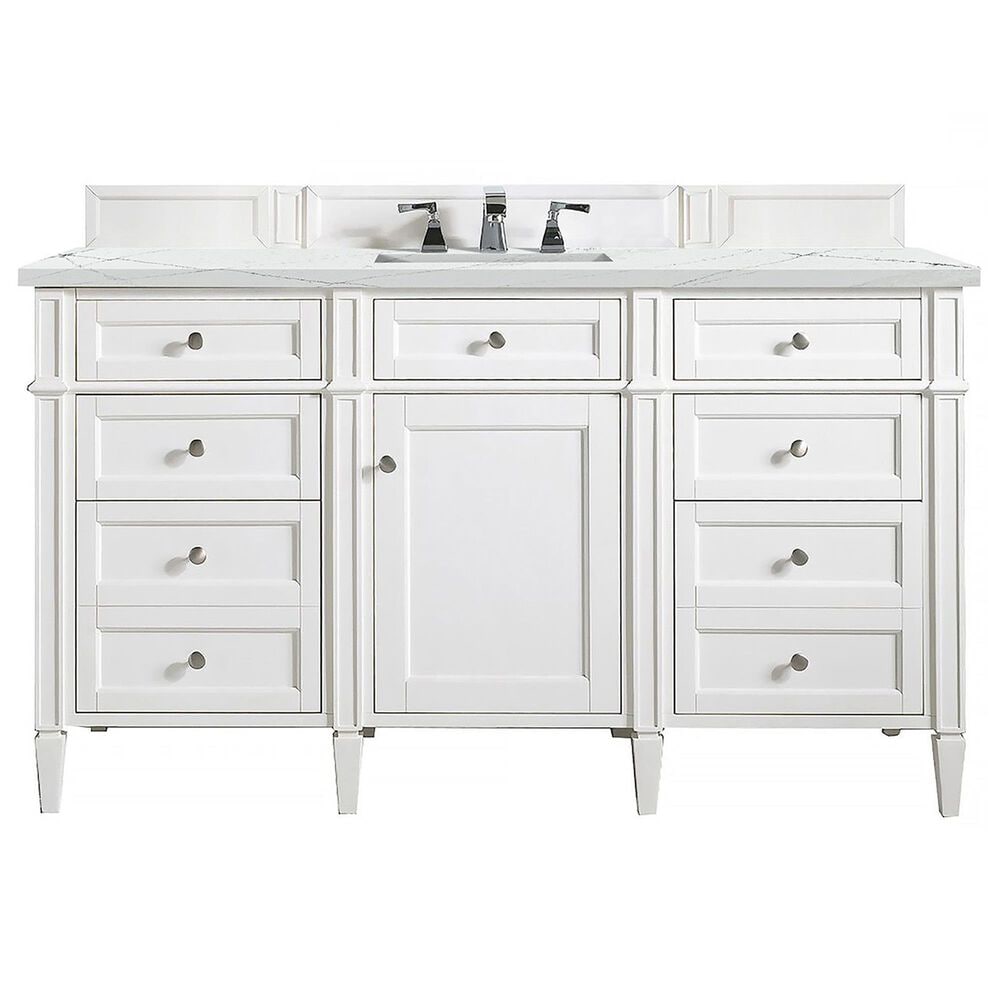 James Martin Vanities Brittany 60" Single Bathroom Vanity in Bright White with 3 cm Ethereal Noctis Quartz Top and Rectangular Sink, , large
