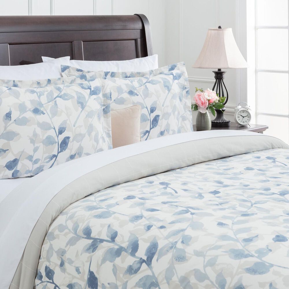 Layered Leaf 3-Piece Queen Duvet Cover Set in Blue and Taupe, , large