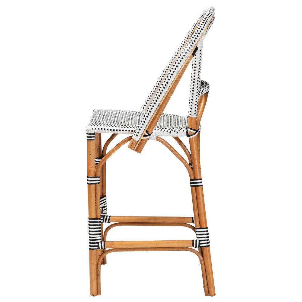 Baxton Studio Genica Bar Stool with Two-Tone Black and White Weaving in Natural Rattan, , large