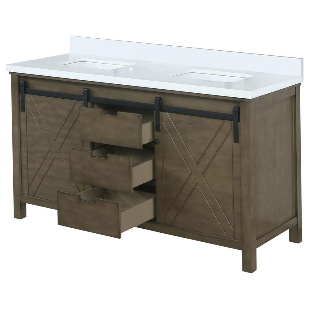 Lexora Home Marsyas 60&quot; Double Bathroom Vanity in Rustic Brown with White Quartz Top and Rectangular Sinks, , large