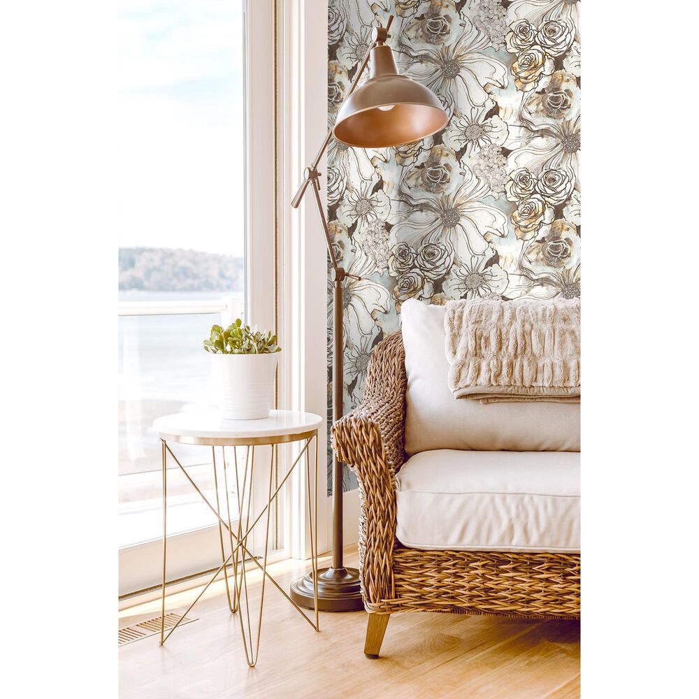 Harry and Grace Ink Rose 216&quot; x 20.5&quot; Peel and Stick Wallpaper in Mocha and Blue Mist, , large
