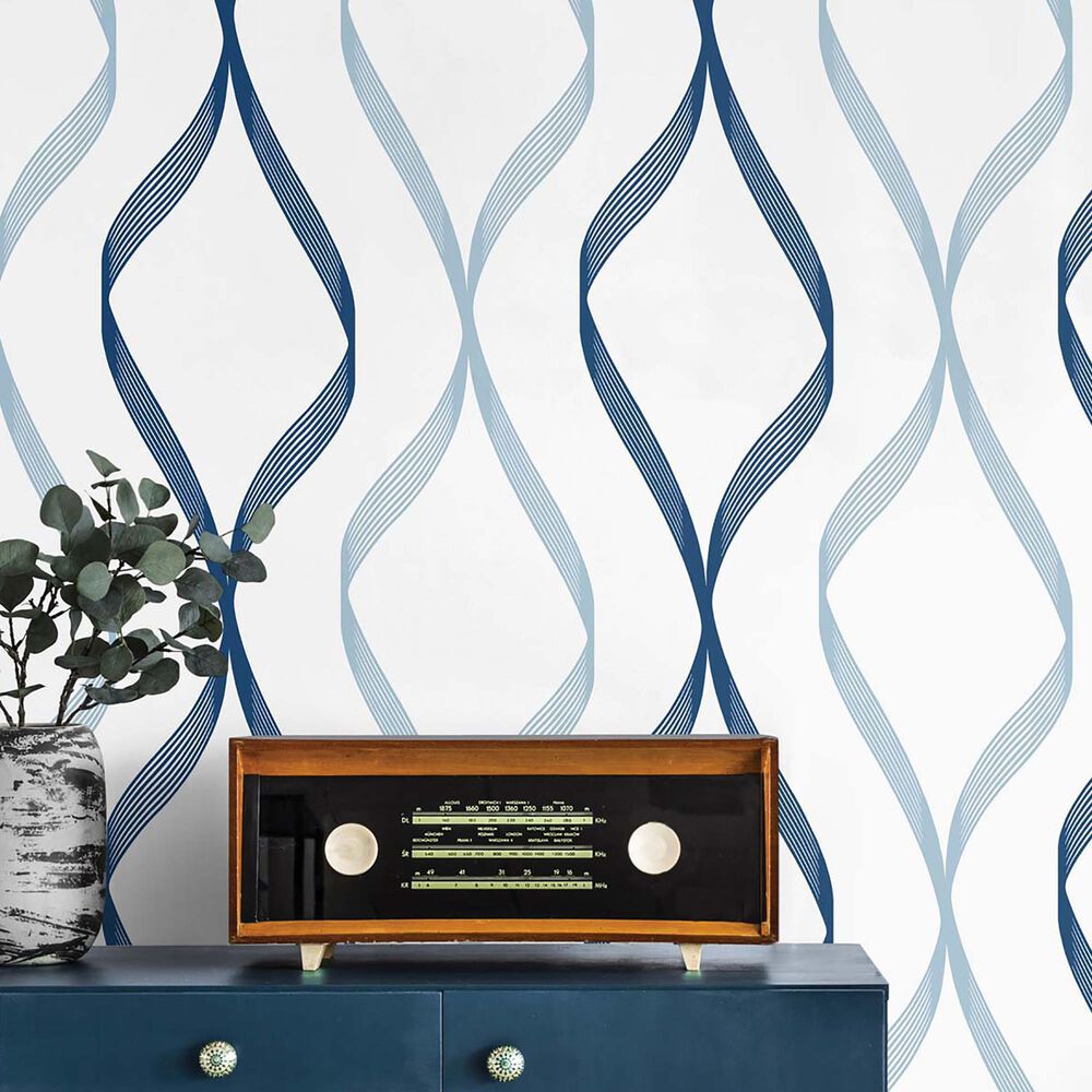 NextWall Ogee Ribbon 216&quot; x 20.5&quot; Peel and Stick Wallpaper in Celtic Blue and Dewdrop, , large