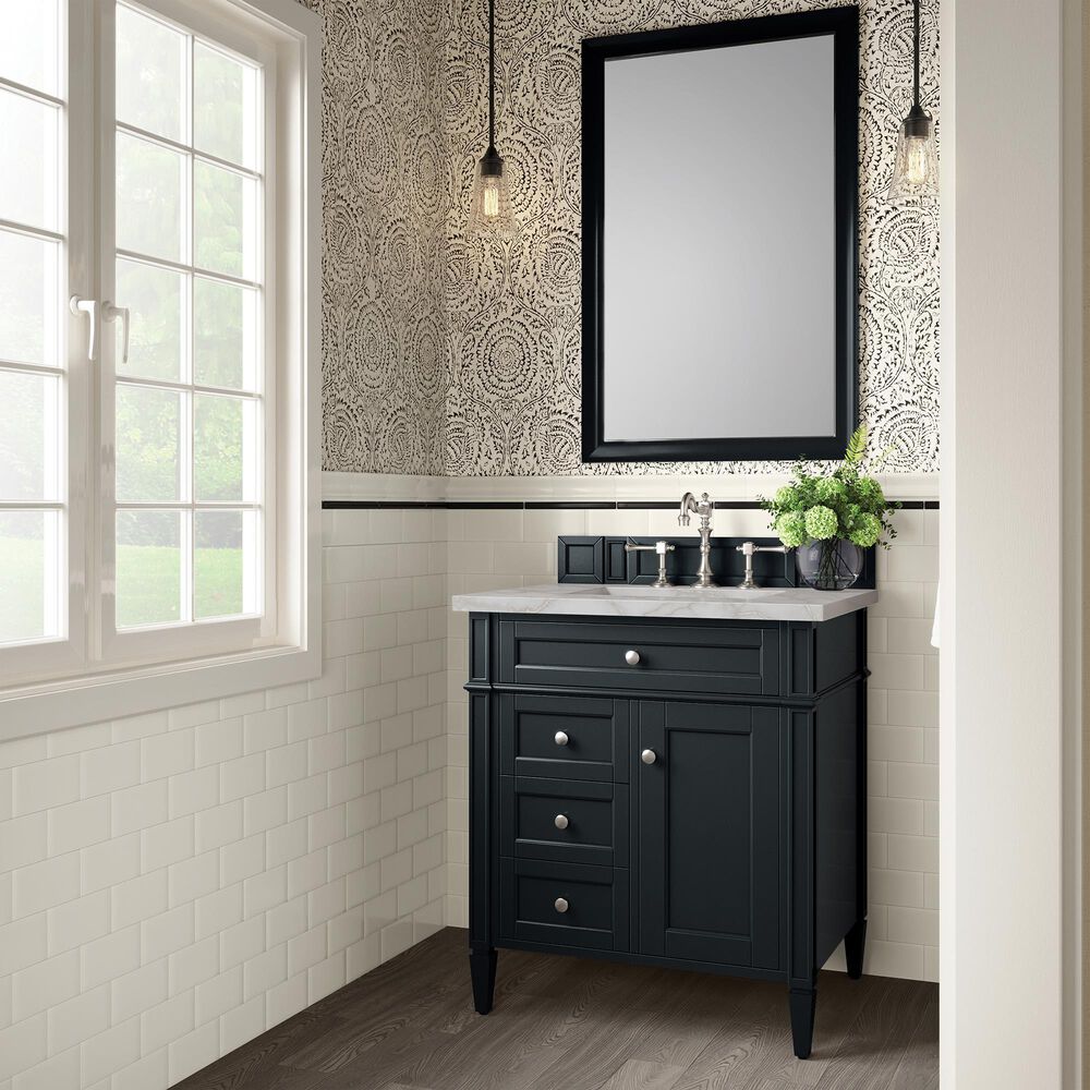 James Martin Vanities Brittany 30" Single Bathroom Vanity in Black Onyx with 3 cm Victorian Silver Quartz Top and Rectangular Sink, , large