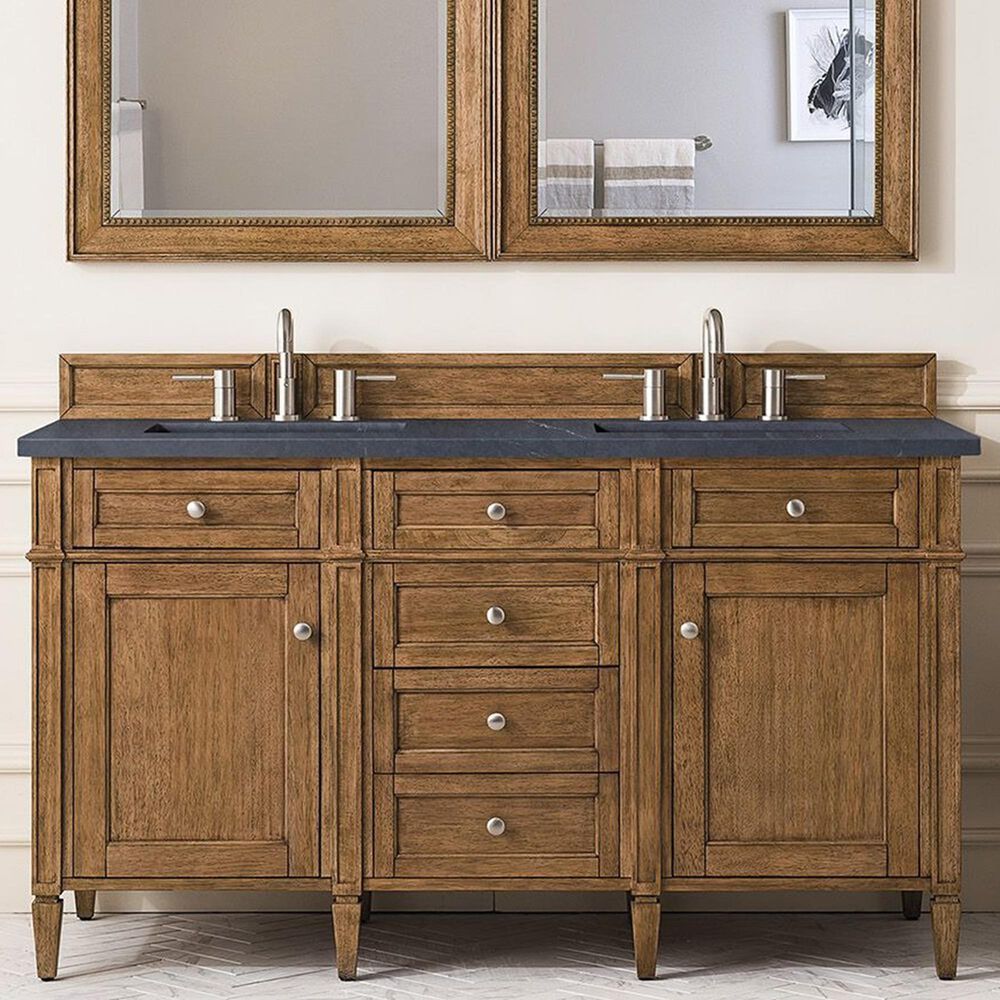 James Martin Vanities Brittany 60&quot; Double Bathroom Vanity in Saddle Brown with 3 cm Charcoal Soapstone Quartz Top and Rectangular Sinks, , large