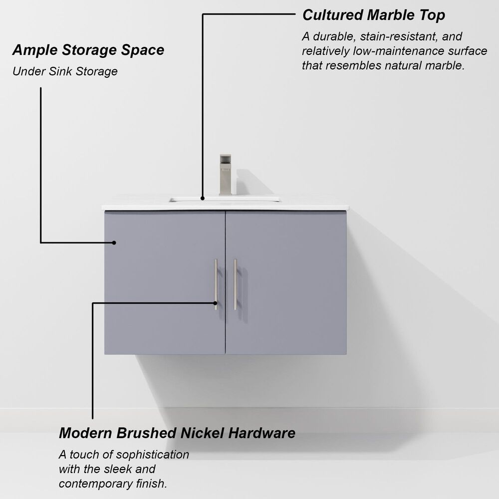 Lexora Home Geneva 30" Single Bathroom Vanity in Dark Grey with 2 cm White Cultured Marble Top and Rectangular Sink, , large