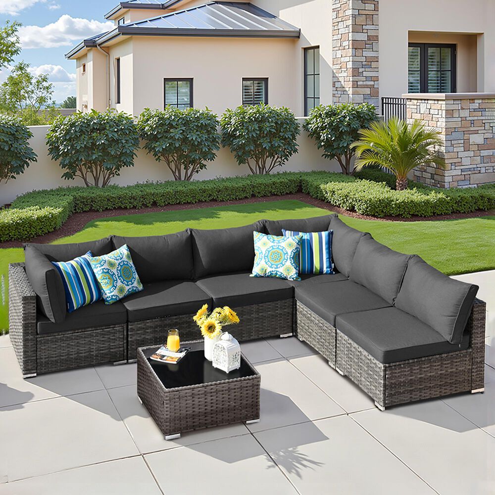 HOMLUX 7-Piece Patio Conversation Set with Grey Wicker in Black, , large