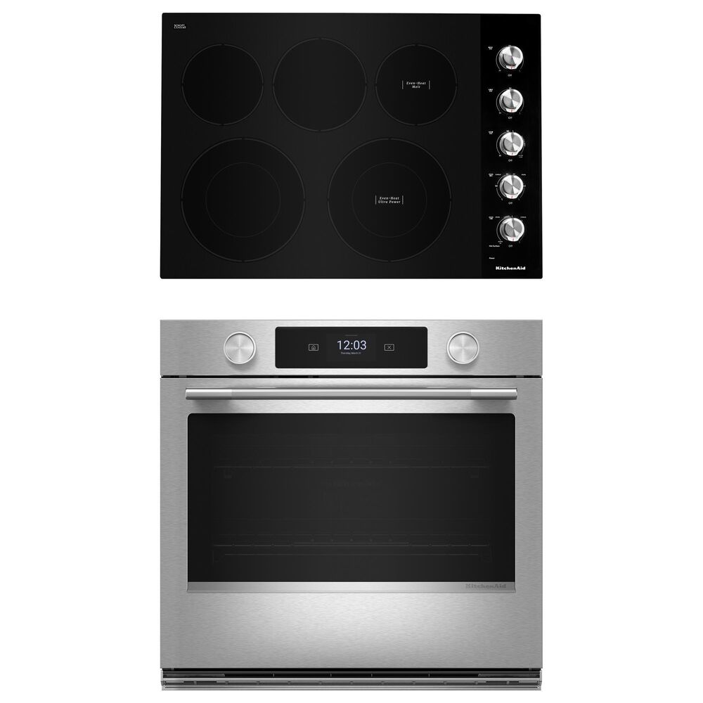 KitchenAid 2-Piece Kitchen Package with PrintShield Stainless Steel 30" Smart Electric Single Wall Oven and Black 30" Electric Cooktop, , large