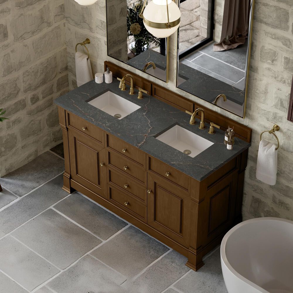James Martin Vanities Brookfield 60&quot; Double Bathroom Vanity in Honey Oak with 3 cm Parisien Bleu Quartz Top and Rectangular Sinks, , large