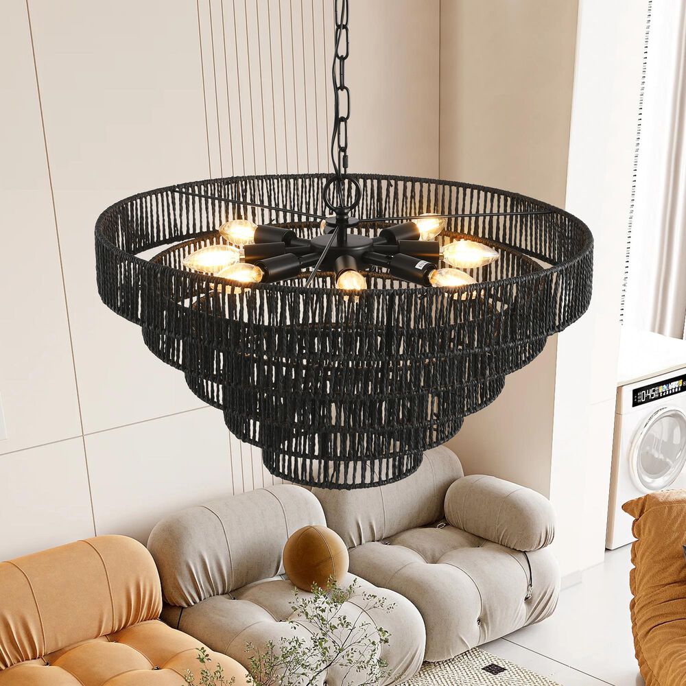 Hearth and Haven 8-Light 5-Layer Rattan Chandelier in Black, , large