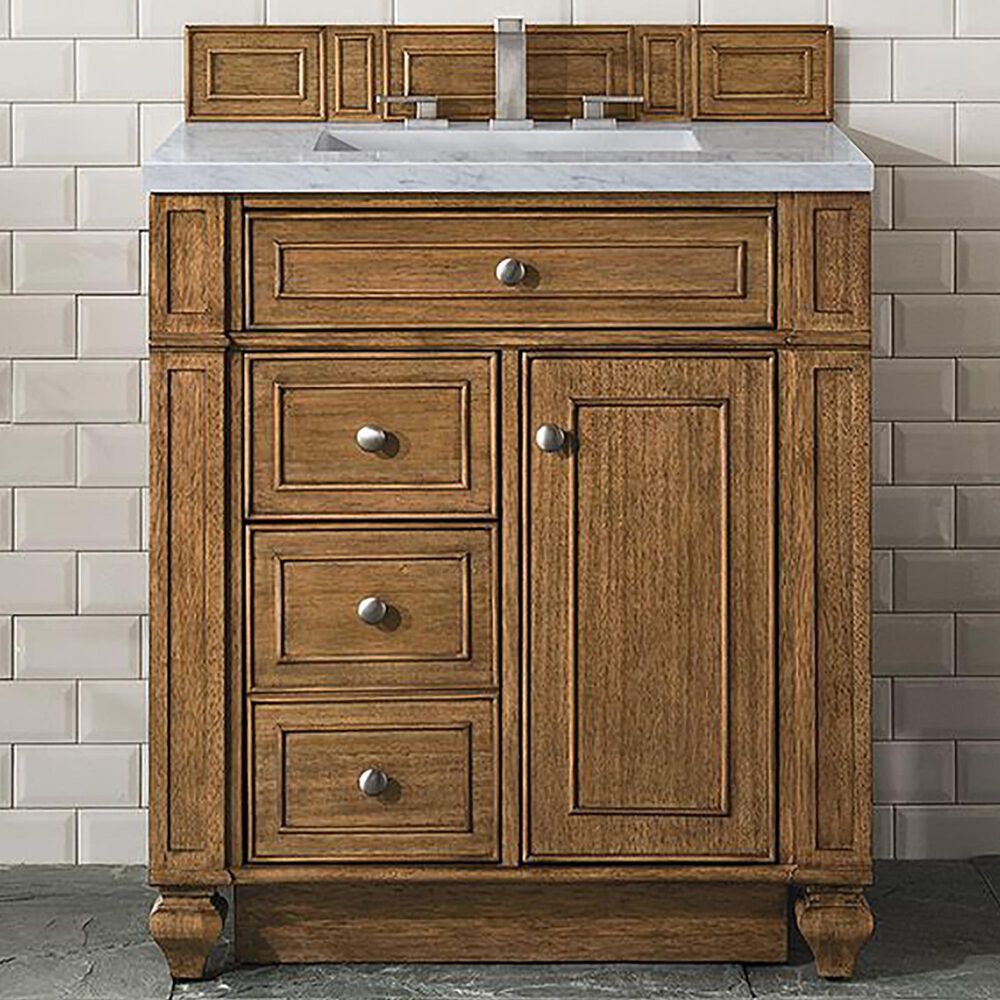 James Martin Vanities Bristol 30&quot; Single Bathroom Vanity in Saddle Brown with 3 cm Carrara White Marble Top and Rectangular Sink, , large