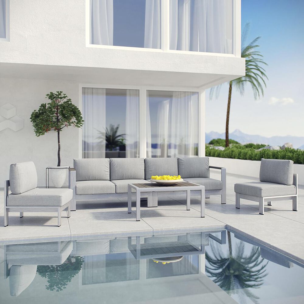 Modway Shore 5-Piece Outdoor Aluminum Modular Sectional Sofa Set in Silver and Gray, , large