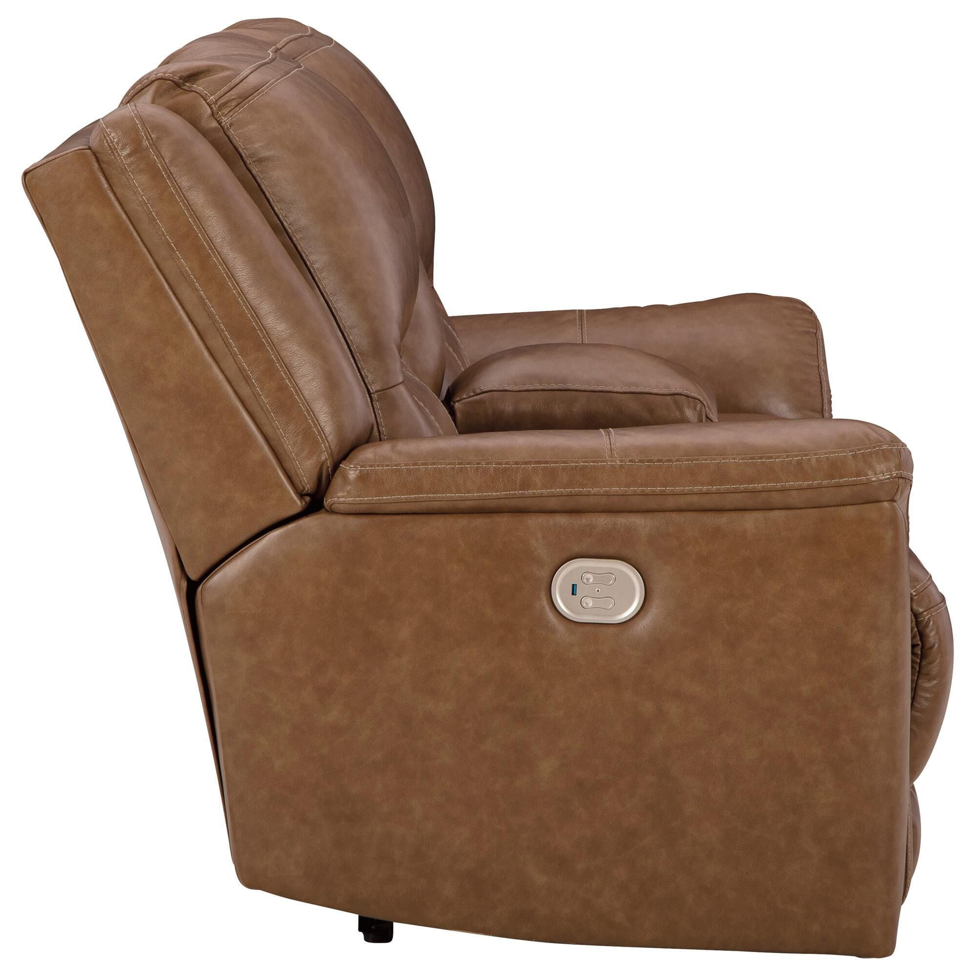 Ashley Trasimeno Power Reclining Loveseat with Console in Caramel