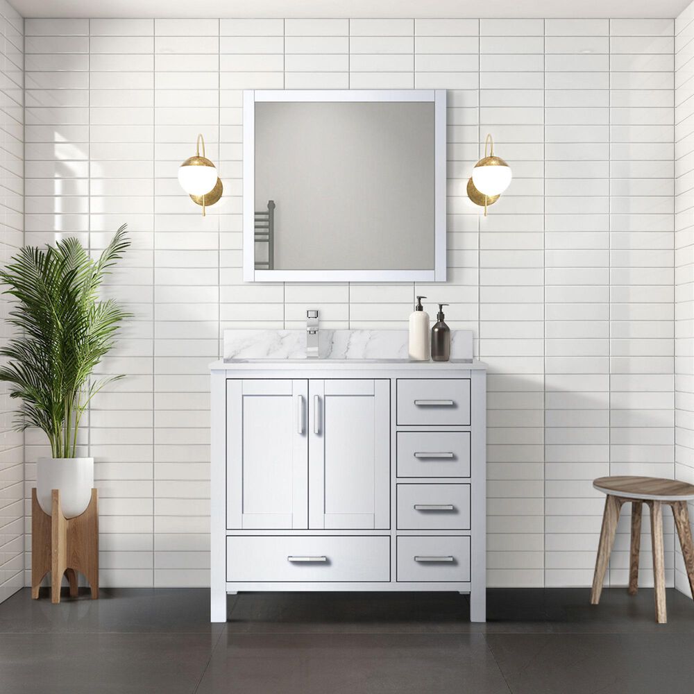 Lexora Home Jacques 36&quot; Left Offset Single Bathroom Vanity in White with 2 cm White Carrara Marble Top and Rectangular Sink, , large