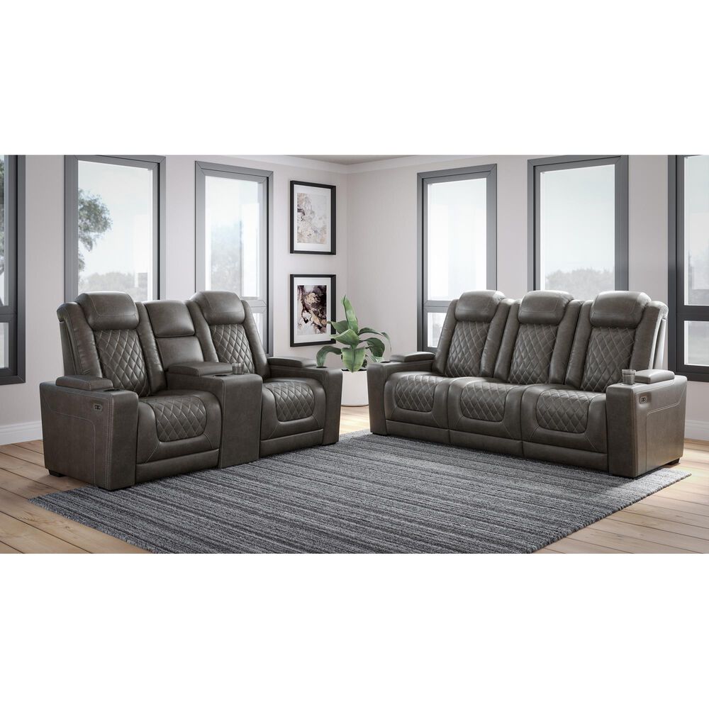 Signature Design by Ashley HyllMont Power Recliner Console Loveseat with Power Headrest in Gray, , large