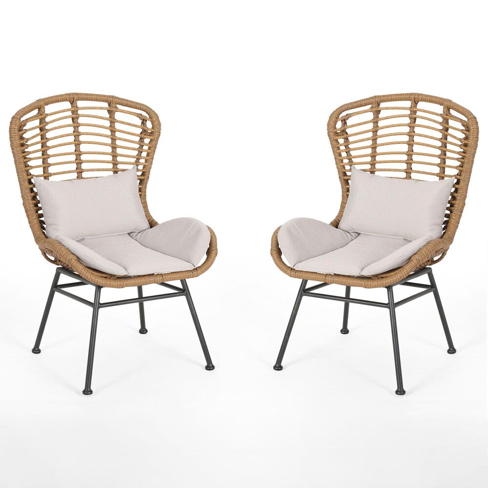 Hearth and Haven Frazer Patio Rattan Chair with Beige Cushion in Brown (Set of 2), , large