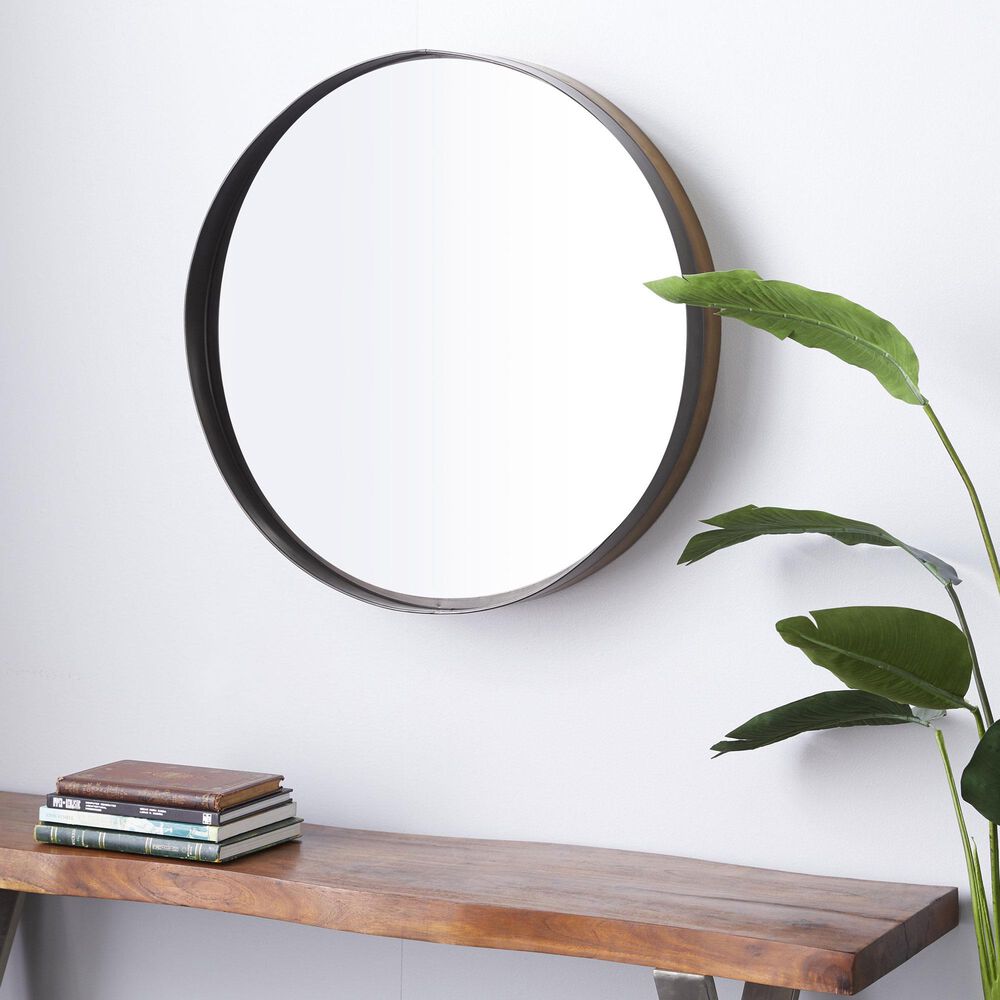 Maple and Jade 32&quot; Round Metal Wall Mirror with Thin Frame in Matte Brown and Black, , large