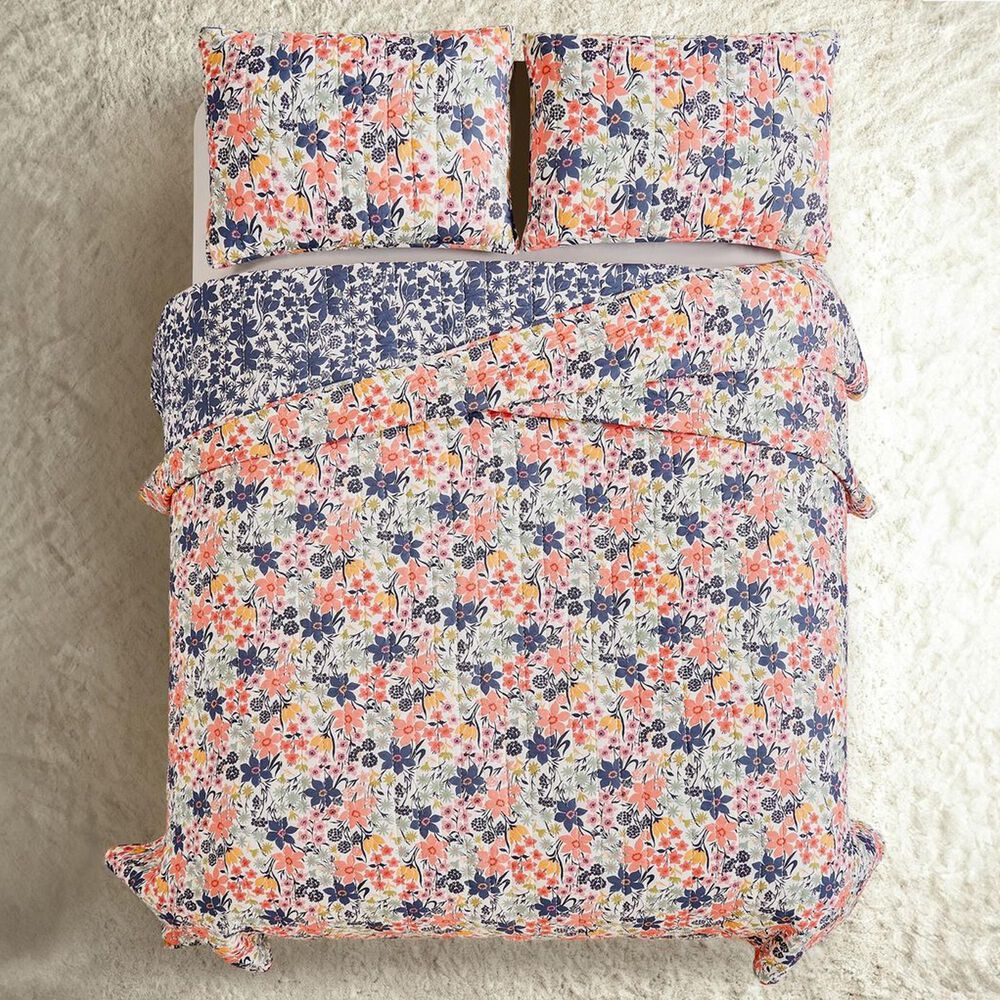 Peking Handicraft Marsh Hens 3-Piece King Floral Quilt Set in Coral, Pink, Green and Navy, , large