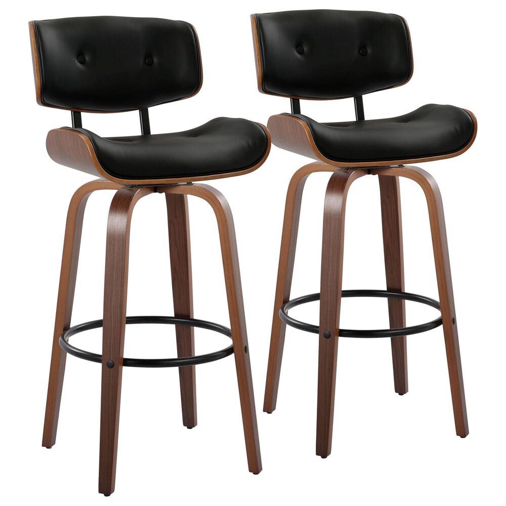 LumiSource Lombardi 30" Swivel Barstool with Black Faux Leather Upholstery in Walnut and Black (Set of 2), , large