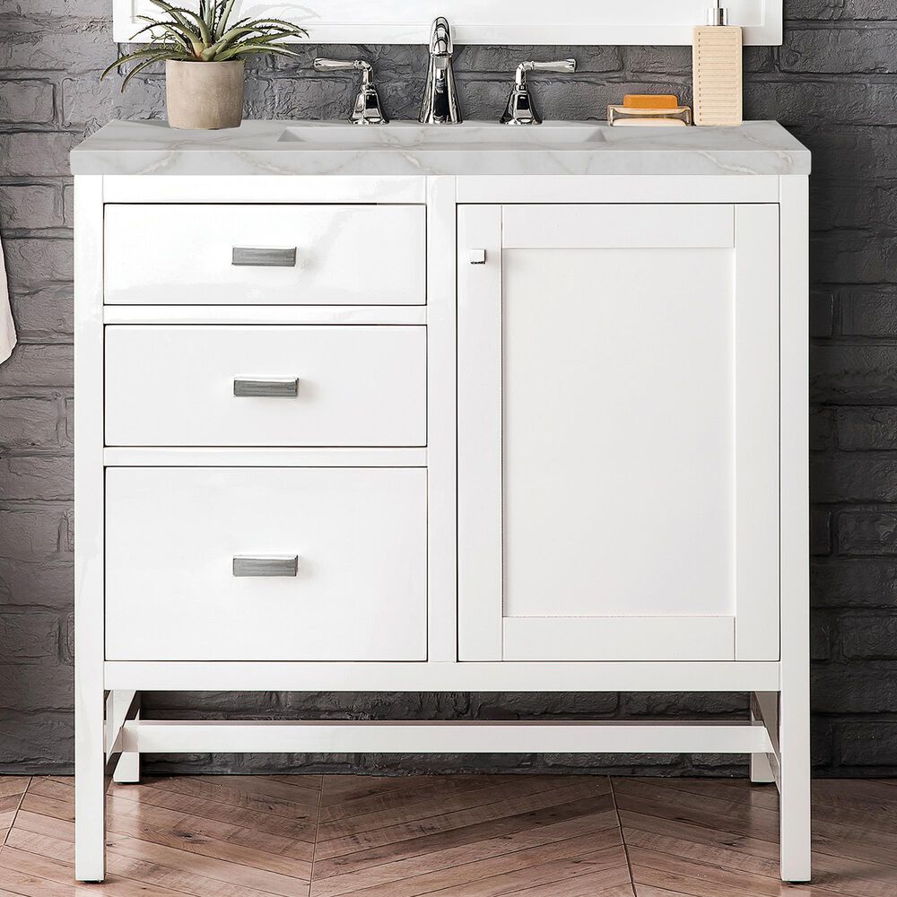 James Martin Vanities Addison 36" Single Bathroom Vanity in Glossy White with 3 cm Victorian Silver Quartz Top and Rectangular Sink, , large