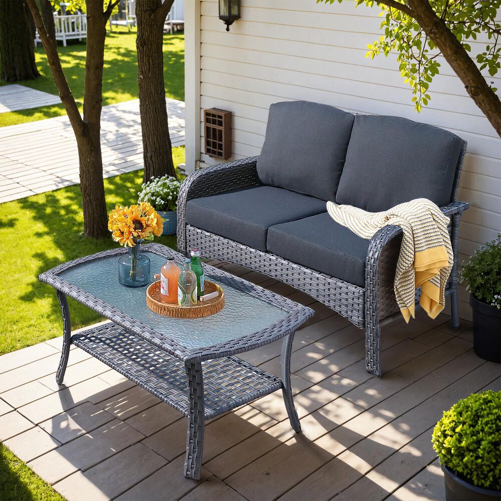 HOMLUX 2-Piece Patio Loveseat and Coffee Table Set in Black, , large