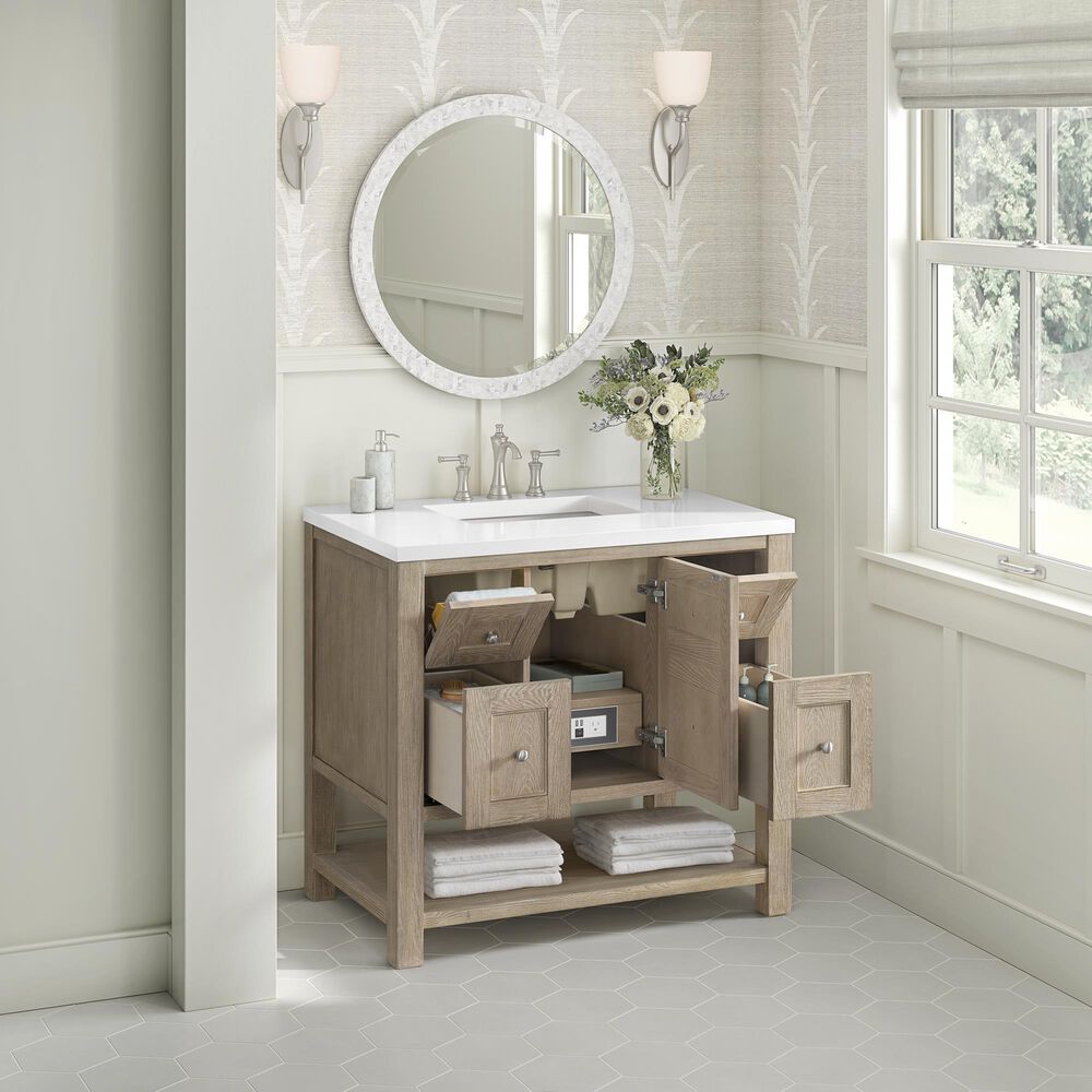 James Martin Vanities Breckenridge 36&quot; Single Vanity in Whitewashed Oak with 3 cm White Zeus Quartz Top, , large