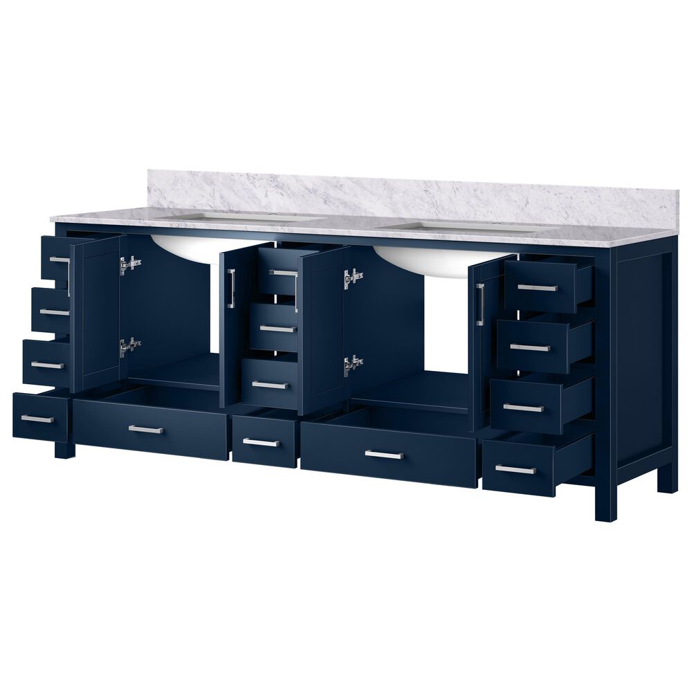 Lexora Home Jacques 84&quot; Double Bathroom Vanity in Navy Blue with 2 cm White Carrara Marble Top and Rectangular Sinks, , large