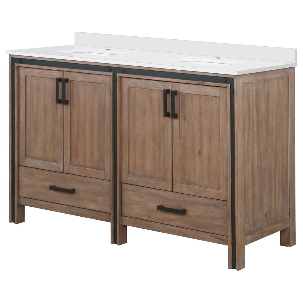 Lexora Home Ziva 60" Double Bathroom Vanity in Rustic Barnwood with 2 cm White Quartz Top and Rectangular Sinks, , large