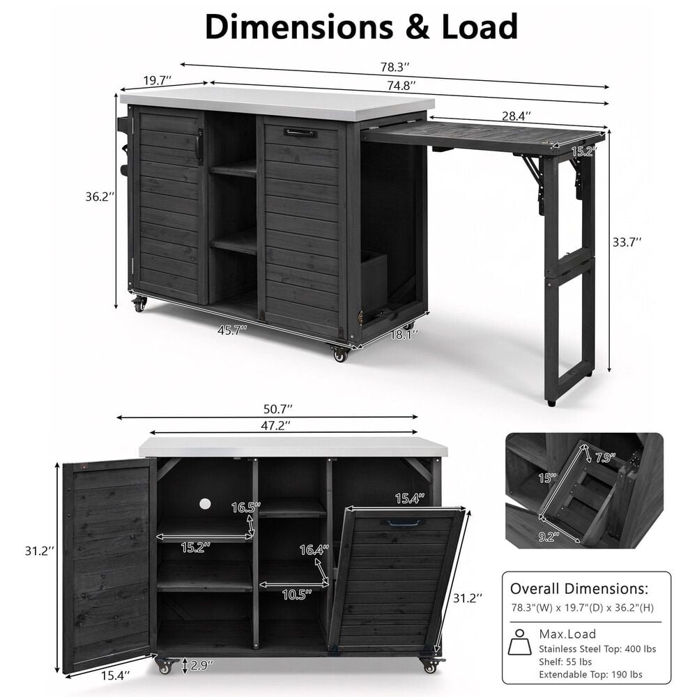 HOMLUX 78.3" Outdoor Kitchen Island with Foldable Grill Table in Black and Stainless Steel, , large