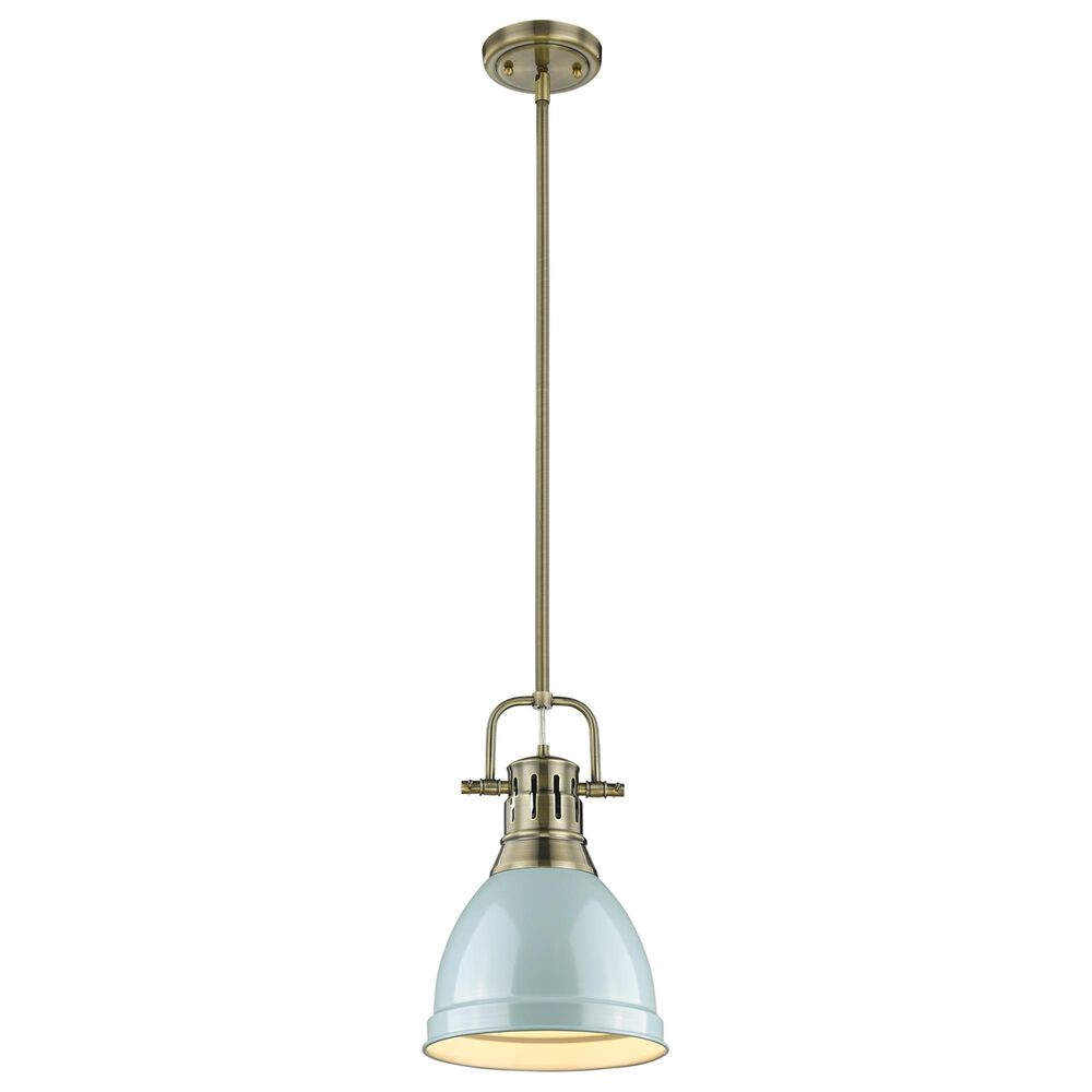 Golden Lighting Duncan 1-Light Small Pendant with Rod and Seafoam Shade in Aged Brass, , large