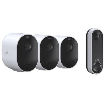 Arlo Pro 4 Wireless Security Camera Set of 3 in White + Essential Video Doorbell Wire-Free in White, , large
