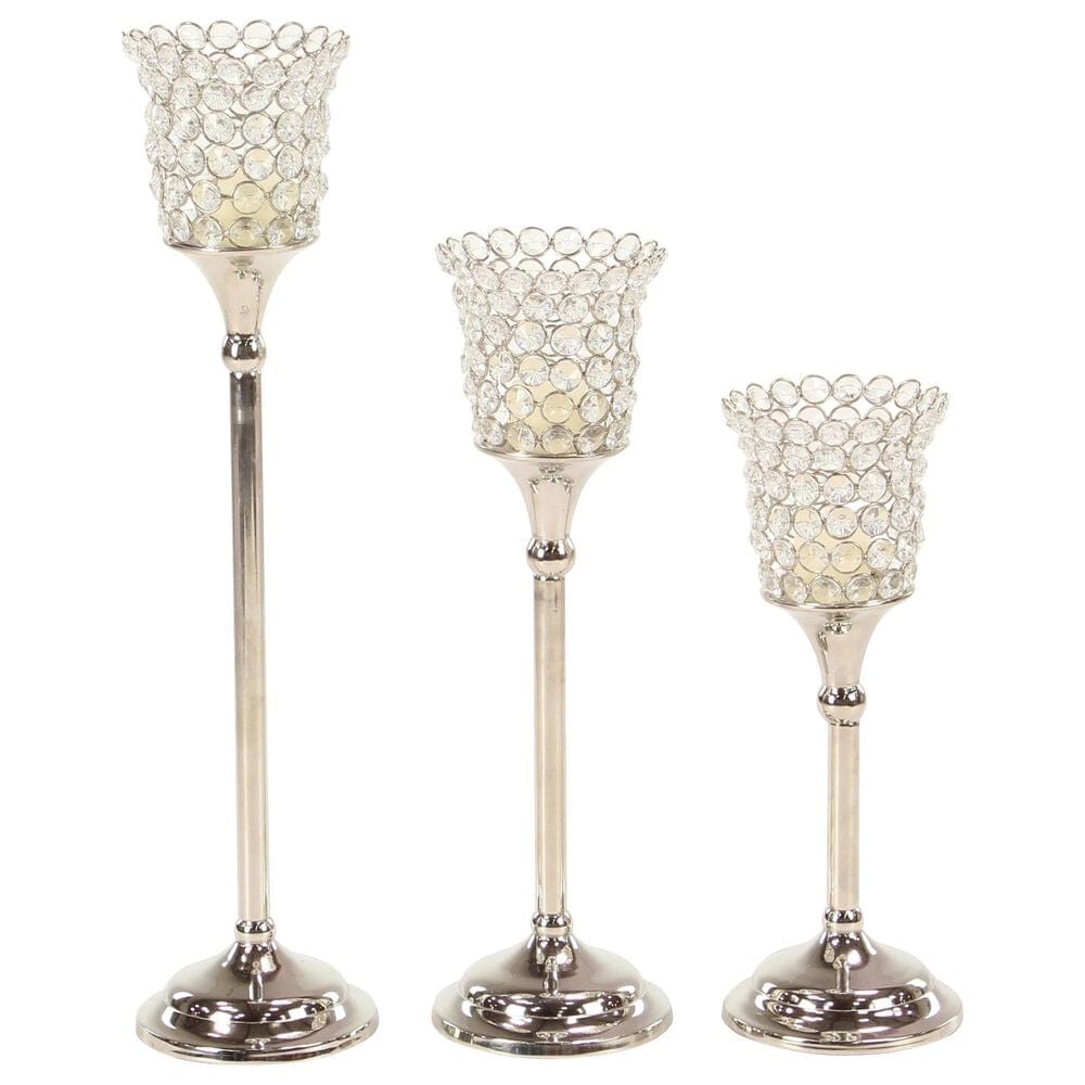 Maple and Jade Glam Aluminum Hurricane Lamp in Silver (Set of 3), , large