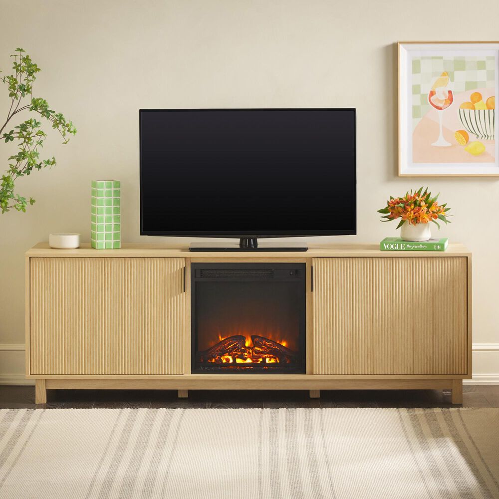 Walker Edison Arundo 70&quot; TV Stand with Freestanding Electric Fireplace in Coastal Oak, , large