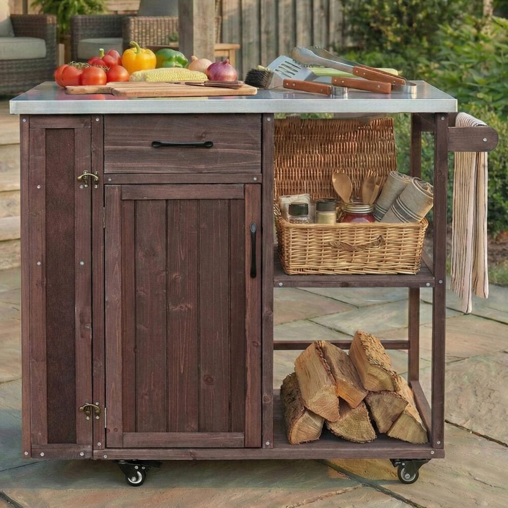 Hearth and Haven Outdoor Kitchen Island Cart with Stainless Steel Top, Towel and Spice Racks in Dark Brown, , large