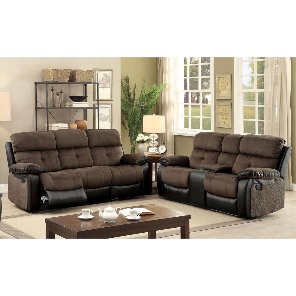 Furniture of America Engel Manual Reclining Sofa and Loveseat Set in Brown and Black, , large