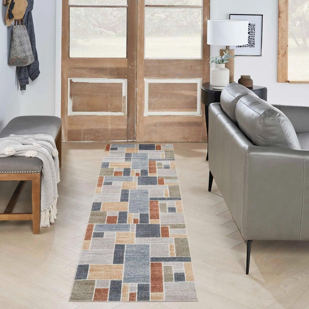 Nourison Astra Machine Washable Geometric 2&#39;2&quot; x 10&#39; Multicolor Runner, , large