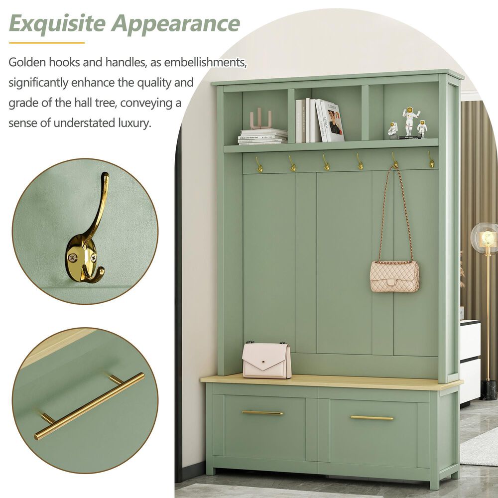 HOMLUX 6-Hook Hall Tree with 2-Drawer in Green, , large