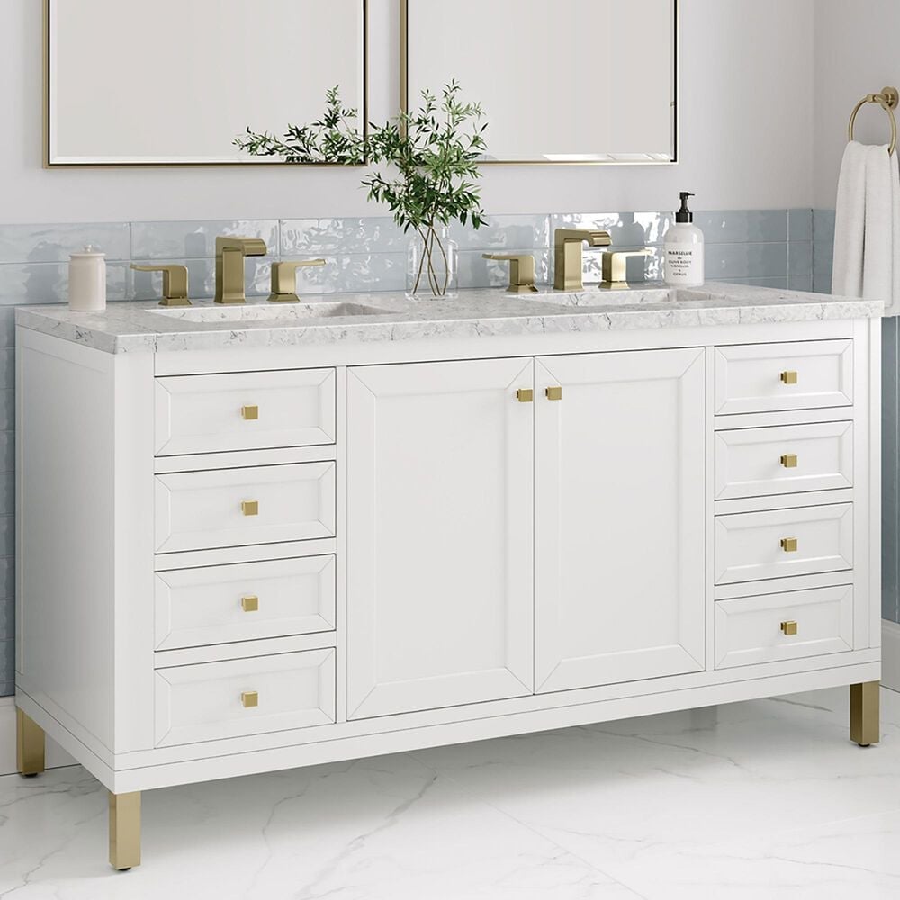 James Martin Vanities Chicago 60&quot; Double Bathroom Vanity in Glossy White with 3 cm Eternal Jasmine Pearl Quartz Top and Rectangular Sinks, , large