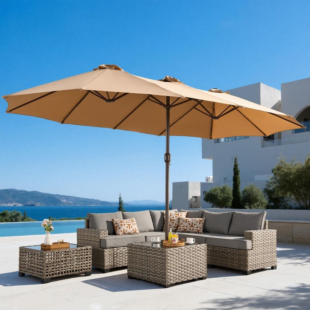 HOMLUX 2-Piece 14.5 ft Patio Umbrella with All-weather Rattan Square Coffee Table Outdoor Set in Khaki, , large